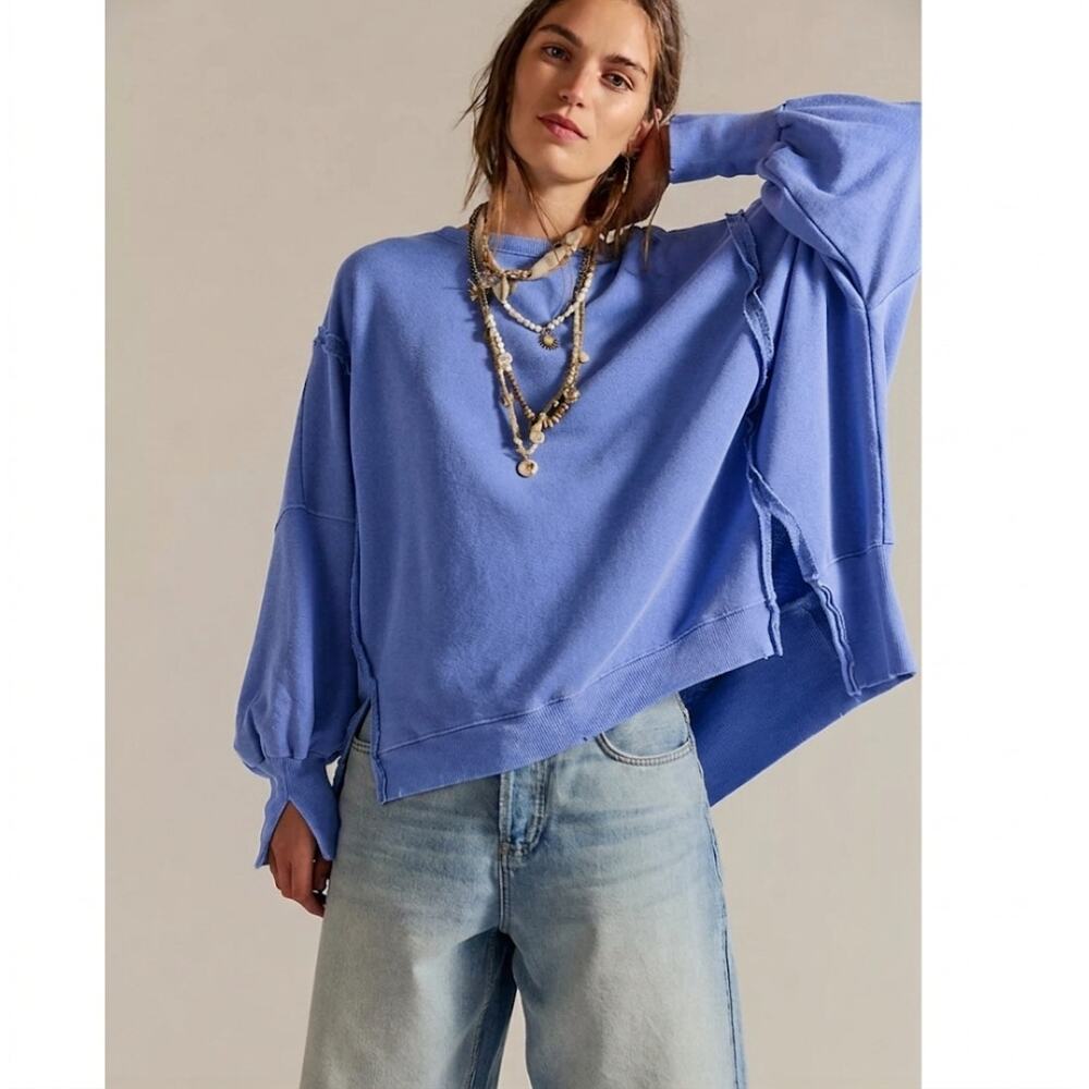NWT We The Free People Camden Sweatshirt Indigo Blue Oversized Slouchy Size L - Picture 1 of 2